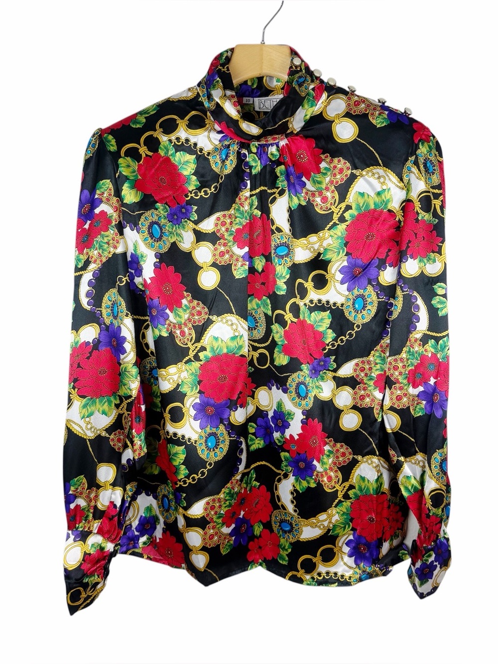 Vintage Bethany Floral Blouse Ruched Neckline Pearl Buttons Size 10